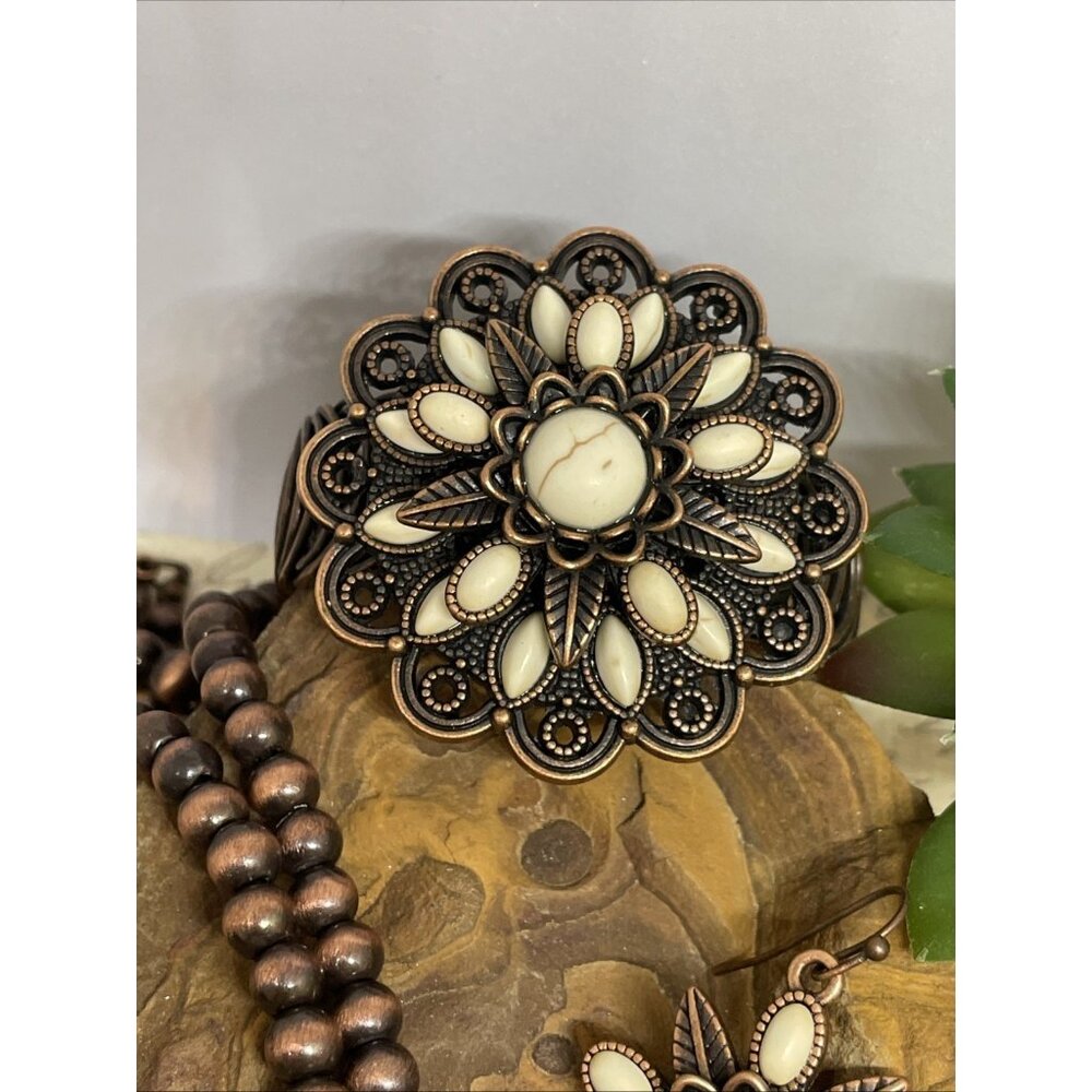 Rose Western Star Copper White Fall Necklace Earring Bracelet Ring SET Southwest - Picture 4 of 16